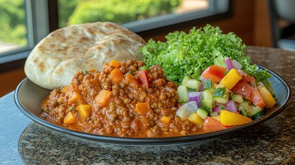 Lentil stew with naan bread and fresh salad on a dark plate.