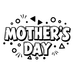 Black and white graphic design of "Mother's Day" with bold, comic-style lettering and decorative elements. Suitable for social media posts, advertising, and greetings cards.