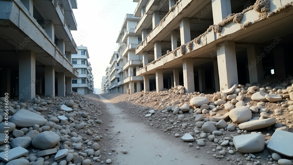 Poster documenting extensive earthquake damage emphasizing compromised structures broken infrastructure deb