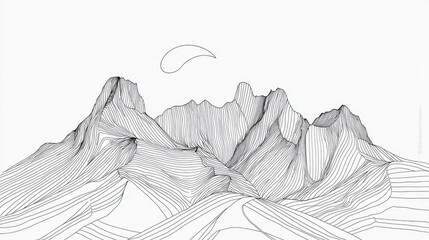 Linear illustration of a mountain range with a crescent moon.