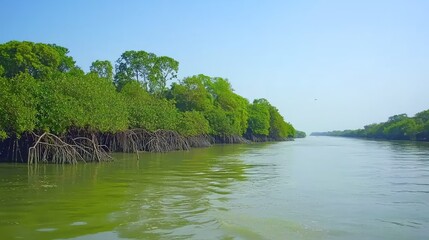 Lush green mangrove forest along a calm river under a clear blue sky.
