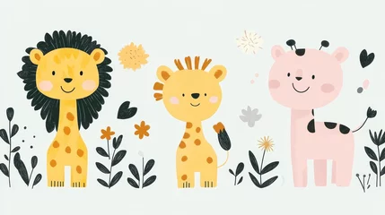 Whimsical jungle safari animal parade illustration with cartoon lion giraffe and cub for playful nursery or children's decor concept