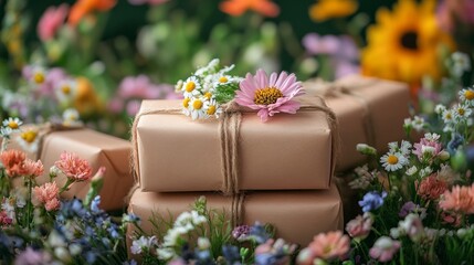 A stack of brown boxes with flowers on top of them