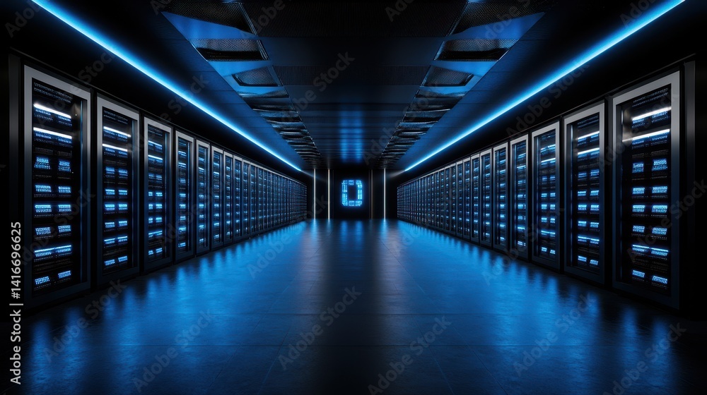 Poster rows of modern server racks glow with blue neon light inside a data center, showcasing the storage a