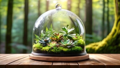 Lush terrarium housing vibrant succulents and ferns in a sunlit forest setting encapsulated under glass