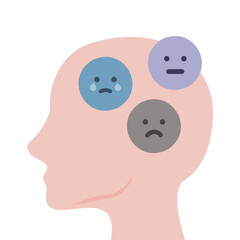 Human head with negative sad emoji faces. Depression, mental health, pressure, anxiety, burnout concept.  Flat character vector design isolated illustration.
