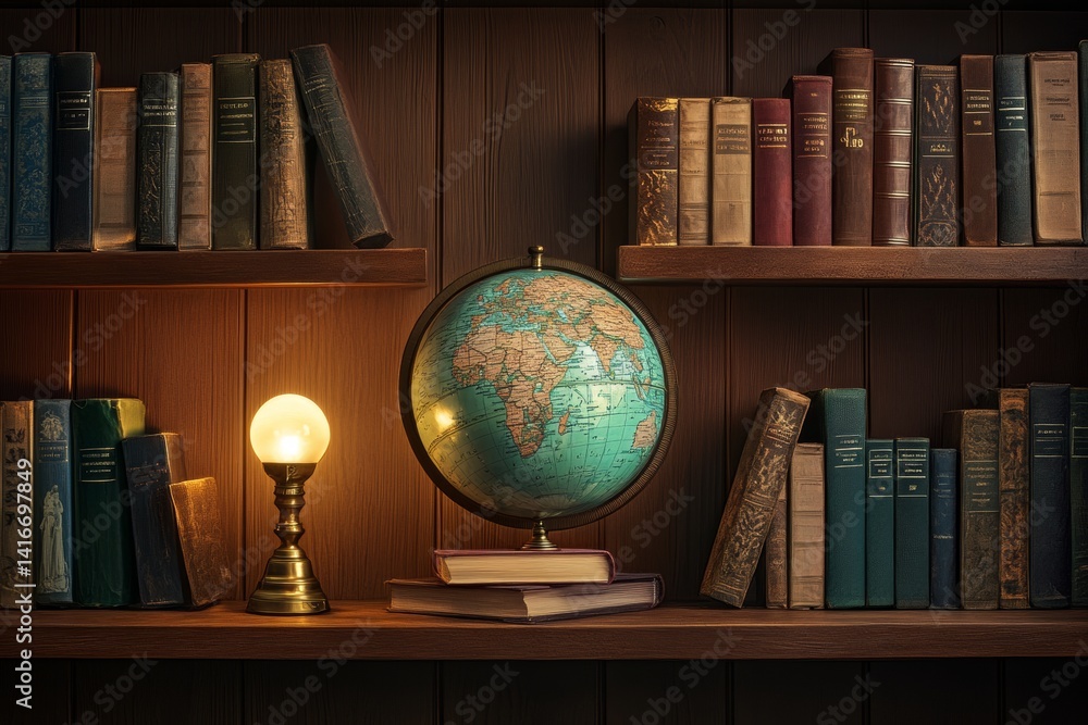 Poster a globe rests on a stack of books, illuminated by a small lamp, surrounded by an array of vintage vo