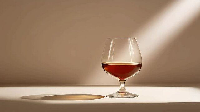 Elegant cognac glass on beige background with soft lighting.