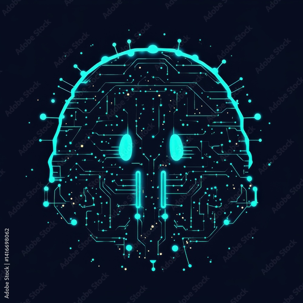Poster glowing digital circuitry creates an abstract brain shape on dark background