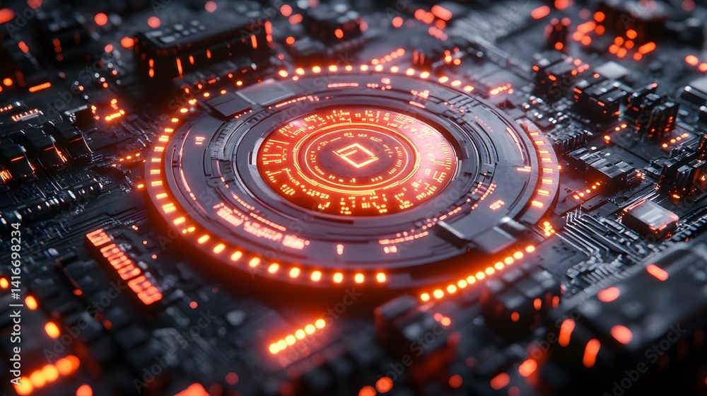 Aufkleber high-tech circuit board with glowing circular module.