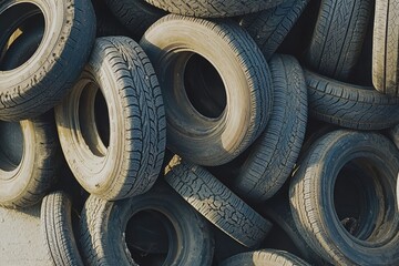 Obraz premium Piled tires. Discarded. Stacked. Gray. Circular shapes with various tread patterns visible on the rubber surfaces