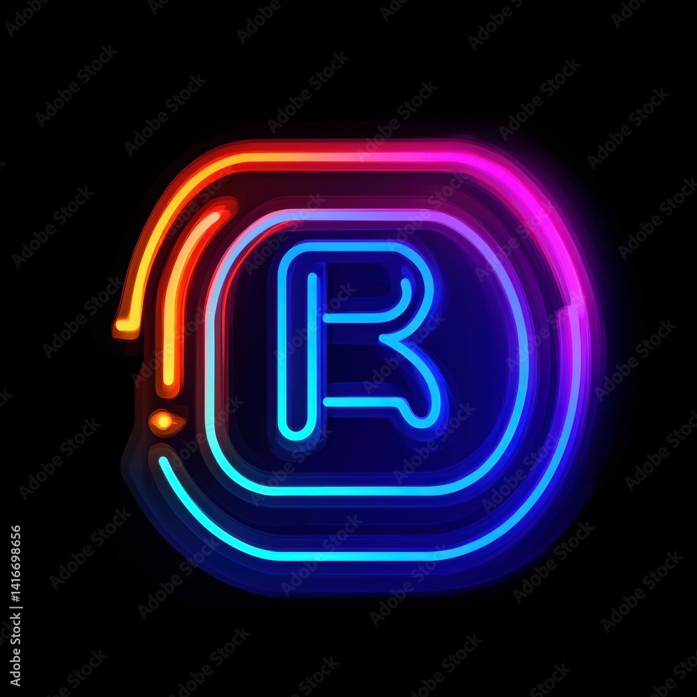 Aufkleber neon letter r with rounded rectangles on black background displaying modern design