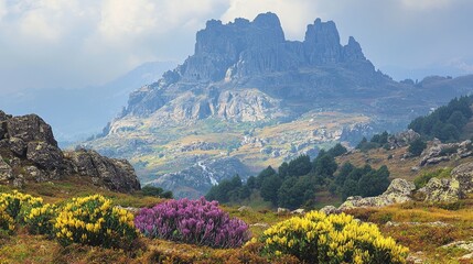 Majestic mountain range with wildflowers in the foreground. Lush valley with rocky terrain and colorful wildflowers, a dramatic mountain peak dominates the background.