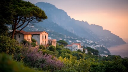 Obraz premium Italian Coastal Sunset Hillside Villas Mediterranean Sea Scenic View