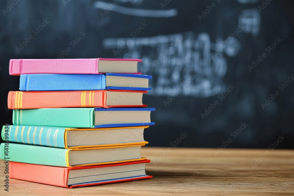 Poster a stack of colorful textbooks rests on a wooden desk, with a blackboard filled with notes in the bac