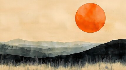 Sunrise over a serene mountain range, painted in muted tones.