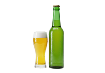 Isolated Green Beer Bottle with Condensation and Glass of Beer