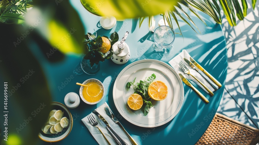Poster top view of summer breakfast setup with tropical vibes on a turquoise table