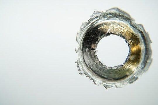 Close-up of a circular hole with radial cracks in transparent material, revealing a metallic core