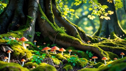 Mushroom Forest Floor with Mossy Tree Roots and Sunlight