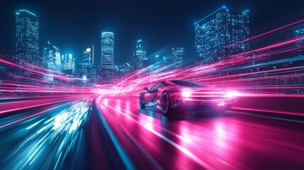 Fast Car Driving Through Neon City at Night