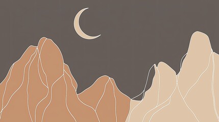 Minimalist mountain range illustration with crescent moon at night.