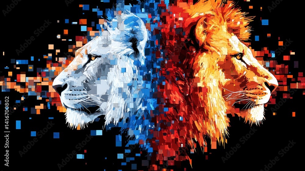 Poster dualistic lion heads blending elemental concepts of fire and ice in a dynamic digital art compositio