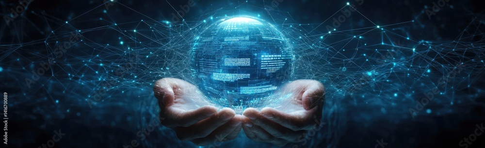 Poster hands holding globe data network, hologram codes, artificial intelligence