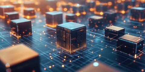 Glowing cubes on a circuit board, representing data processing or digital technology.  Intricate network connections are visible