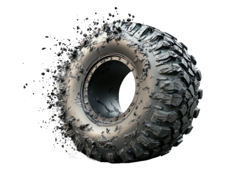 Dynamic automotive concept showcasing a rugged off-road tire disintegrating