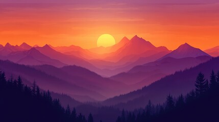 Obraz premium Mountain landscape during sunset with vibrant colors, panoramic view of hills and trees, outdoor nature scenery, peaceful scenery, serene atmosphere, travel destination.