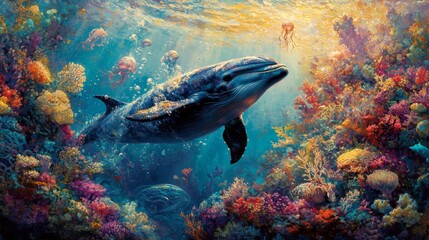 Fototapeta premium Dolphin in Vibrant Coral Reef Underwater Scene
