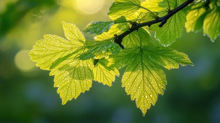 Morning dew on leaves, glistening in the early sunlight, capturing the fresh and vibrant essence of nature during the spring season. 