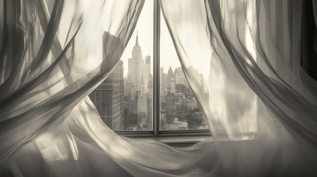 Fototapeta New York City skyline seen through billowing window drapes.