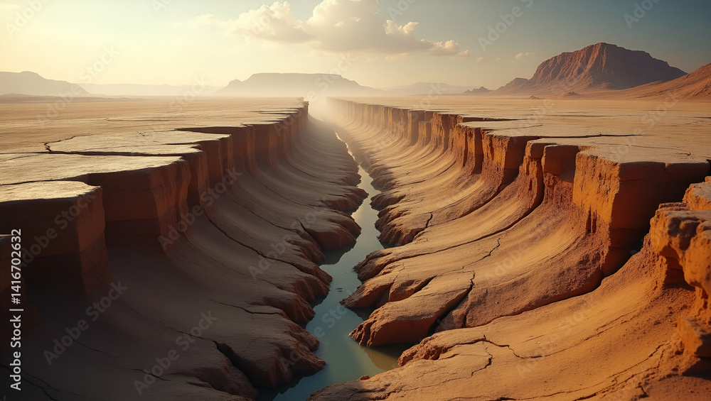 Poster depicting extensive earthquake ground cracks with dramatic fissures shifting earth layers and visibl