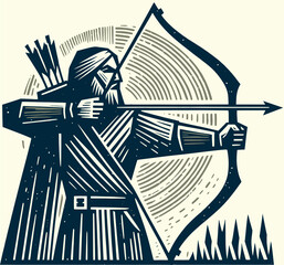 Historical Archer. Illustration of a skilled archer in traditional attire drawing a bow. For historical content, representing precision, focus, and martial prowess.