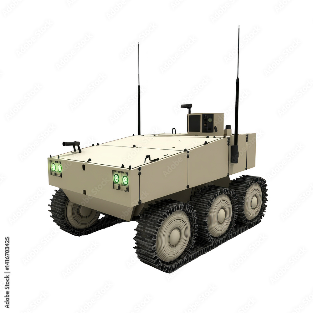 Poster six wheeled autonomous robotic vehicle with antennas and headlights, designed for rugged terrain and