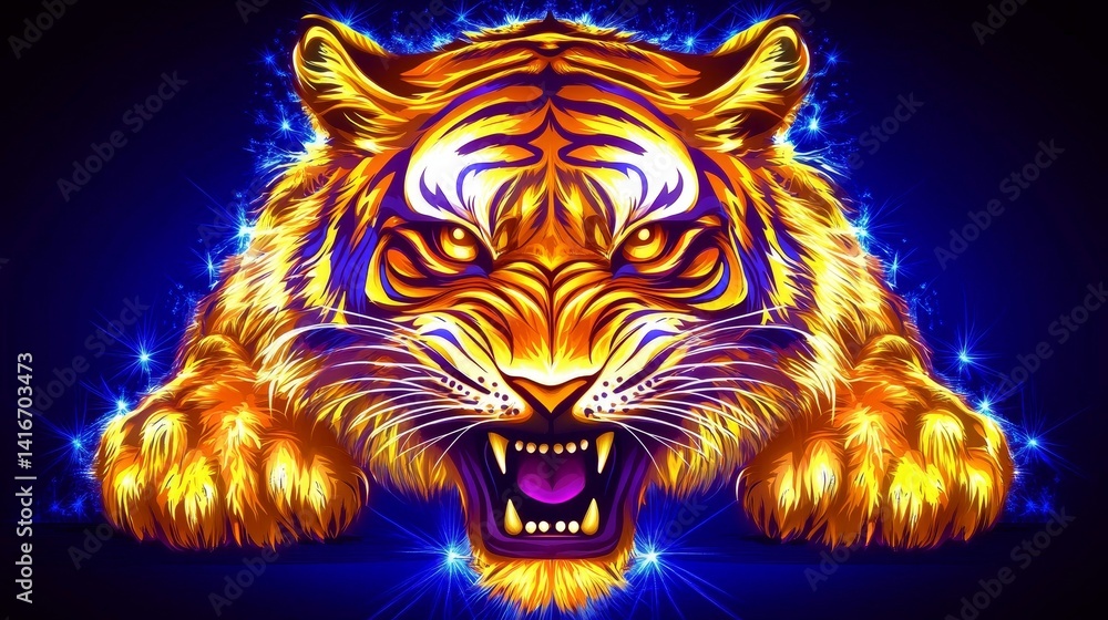 Poster spectacular luminescence tiger artwork radiating power and dynamism with vibrant oranges blues and a