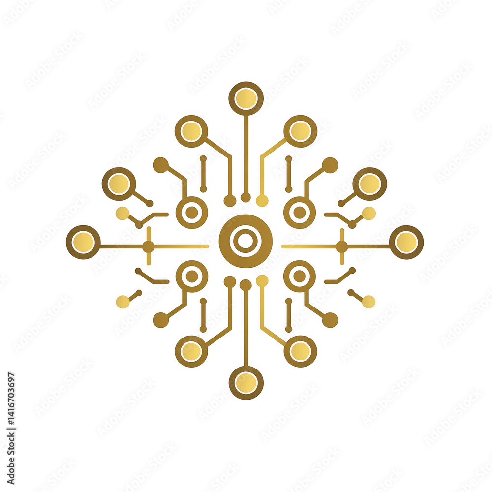 Poster golden circuit design forms symmetrical, intricate pattern resembling mandala, symbolizing technolog