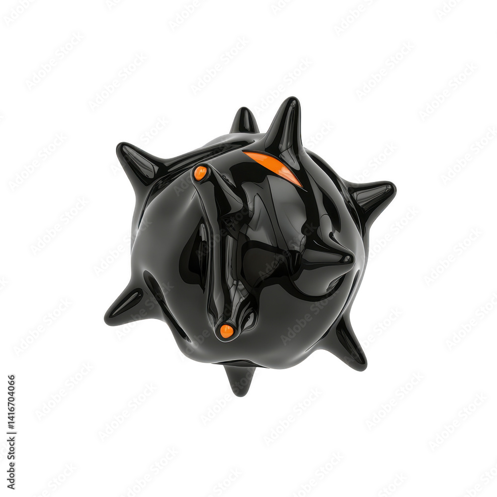 Poster glossy black 3d abstract shape with spikes and orange accents, resembling futuristic object or digit