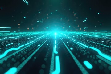 Futuristic Digital Landscape with Cyan and Teal Light Streams and Sci-Fi Matrix Visualization