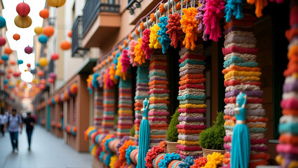 Exhibit Refined Festa Junina Street Decor: Vibrant Embellishments, Creative Signage & Traditional Motifs for Urban Cultural Festivity in Modern Style - Photo Stock Concept