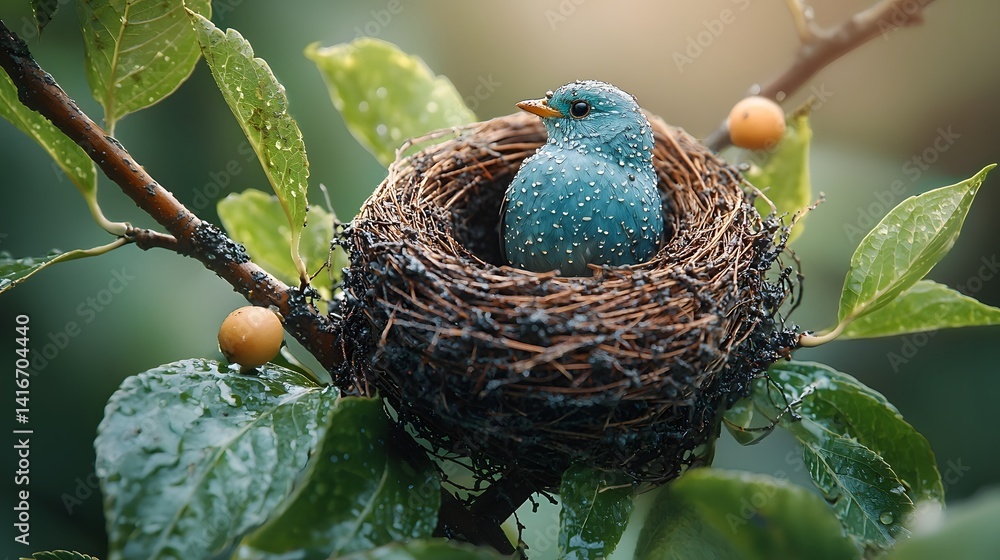Aufkleber a bird s nest nestled in a tree branch splattered with mud and surrounded by fresh leaves