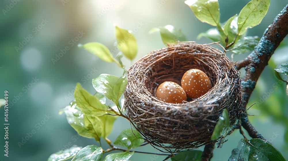 Poster cozy bird s nest with eggs nestled in a tree branch
