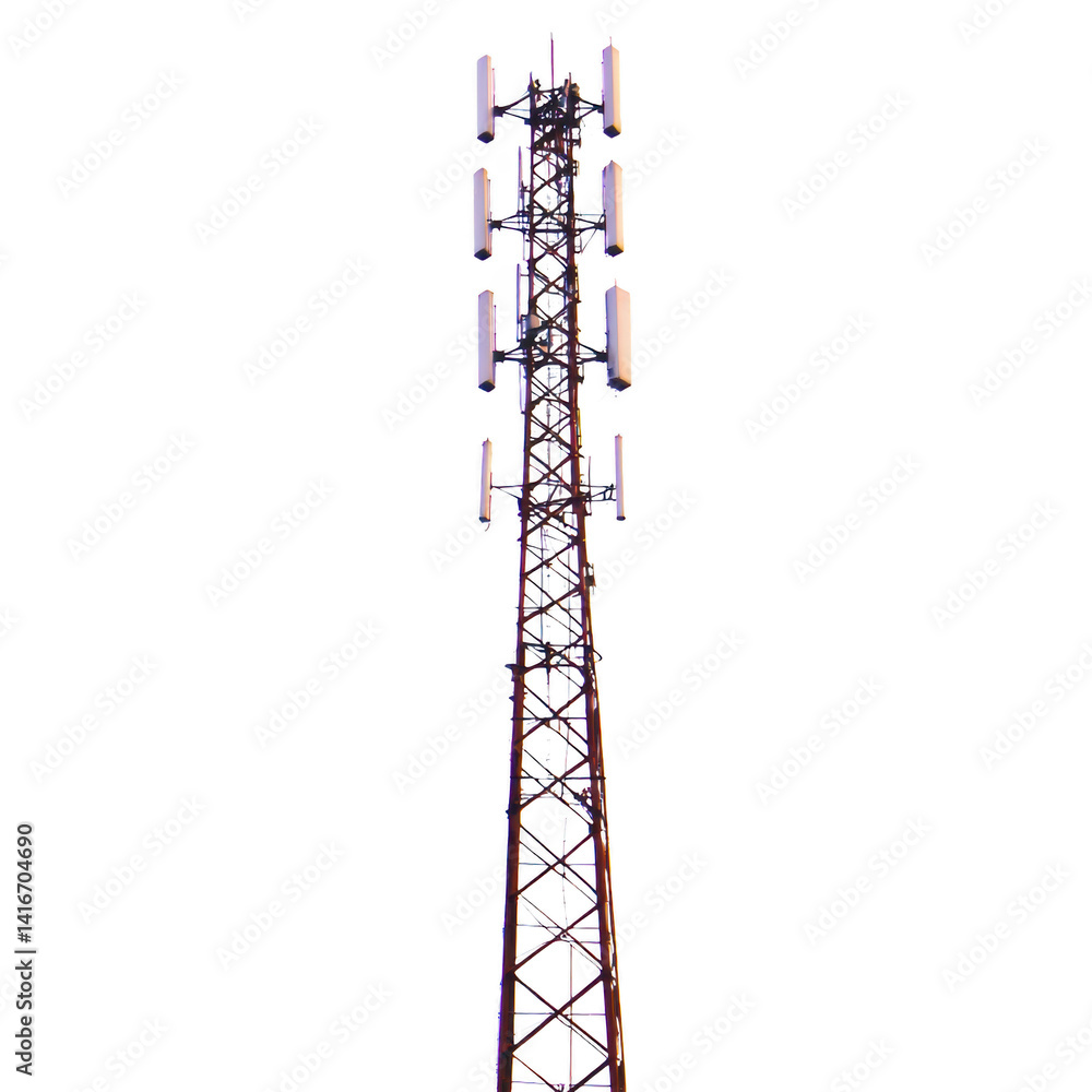 Poster tall communication tower stands against clear sky, equipped with multiple antennas for transmitting 