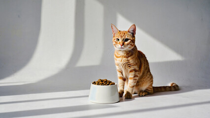Golden Feline's Culinary Calm: A ginger cat, sits serenely beside its food bowl, basking in the sunlit tranquility. The image captures a scene of peacefulness, a true depiction of feline contentment.