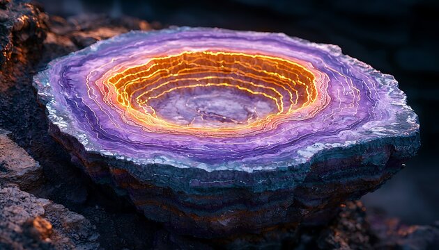 Intricate, glowing, amethyst-like volcanic crater.