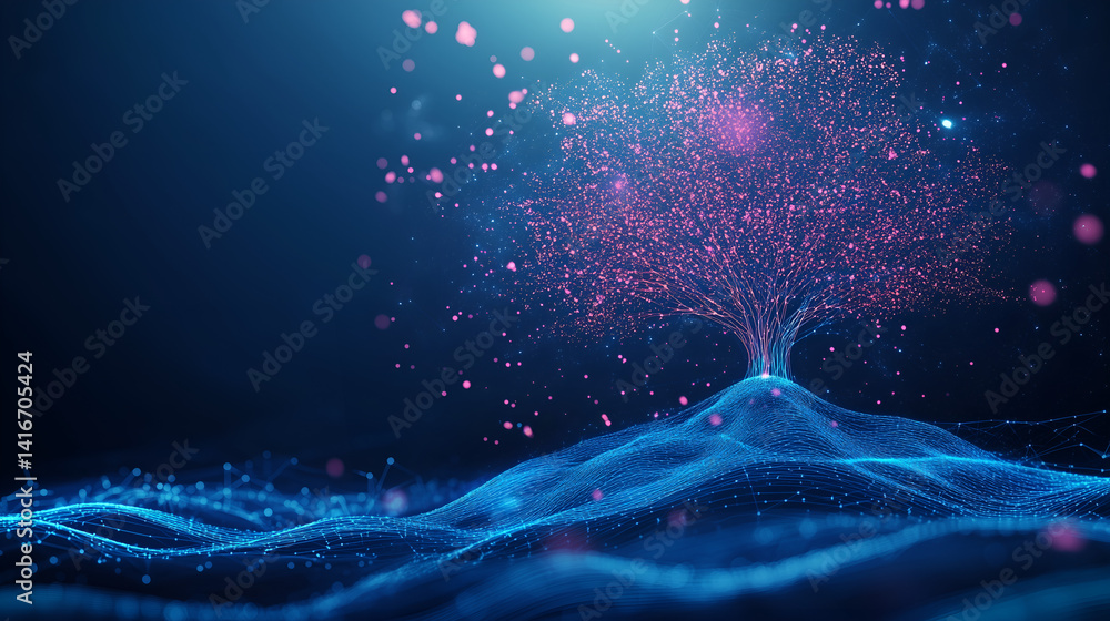 Poster digital tree of life: a digital representation of the tree of life, pulsating with energy, its branc