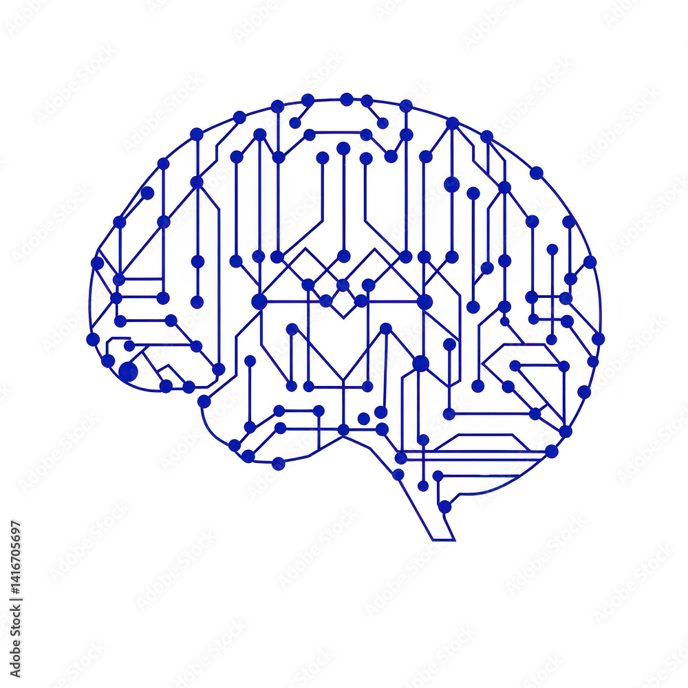 Poster digital illustration of brain with interconnected circuits symbolizes artificial intelligence and te