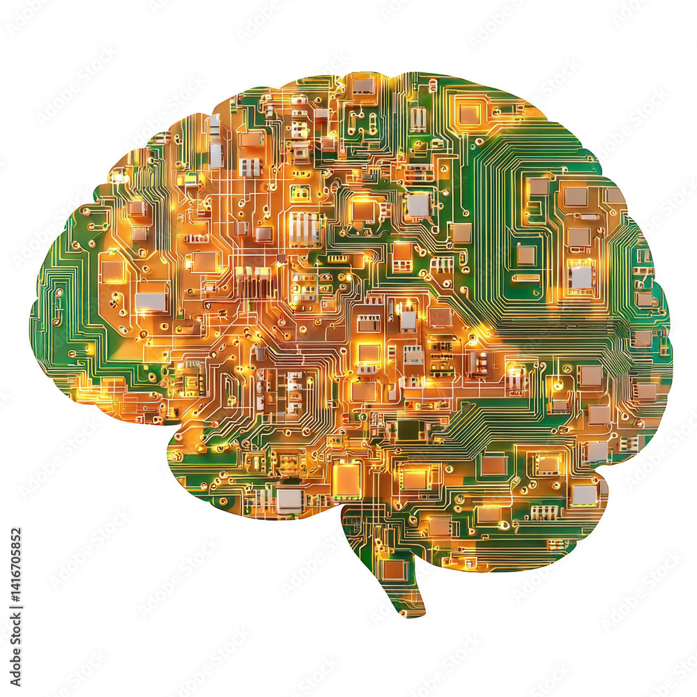 Poster digital brain composed of intricate golden circuit patterns symbolizes fusion of technology and huma